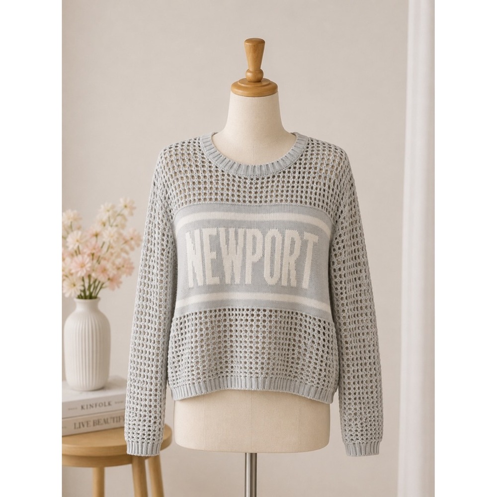 Hooked Up Newport Graphic Open Knit Pullover Sweater Grey‎ XS NEW
